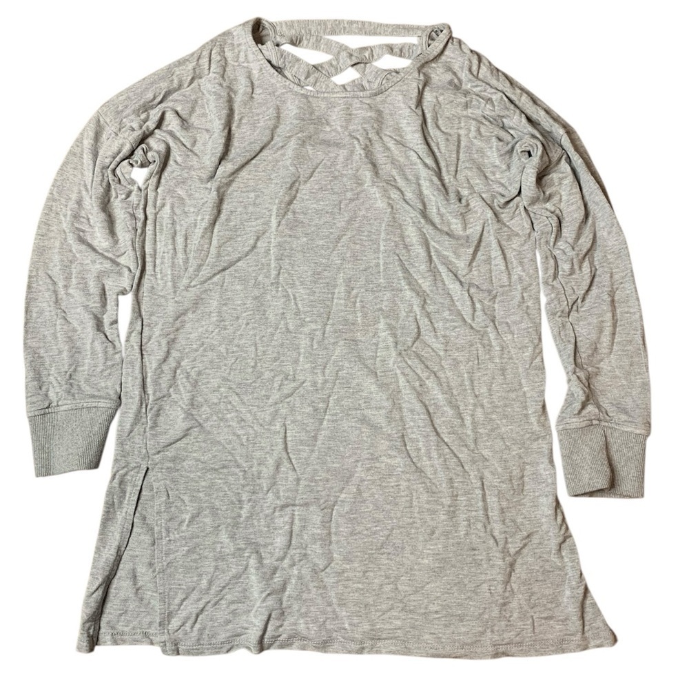 Kersh Grey Lattice Back Tunic Top Long Sleeve Side Slits - Size Large